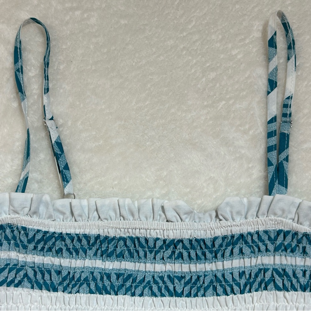 Umgee Teal Blue/White Aztec Print Smocked Bust Tiered Midi Sundress Size Large - Picture 4 of 8